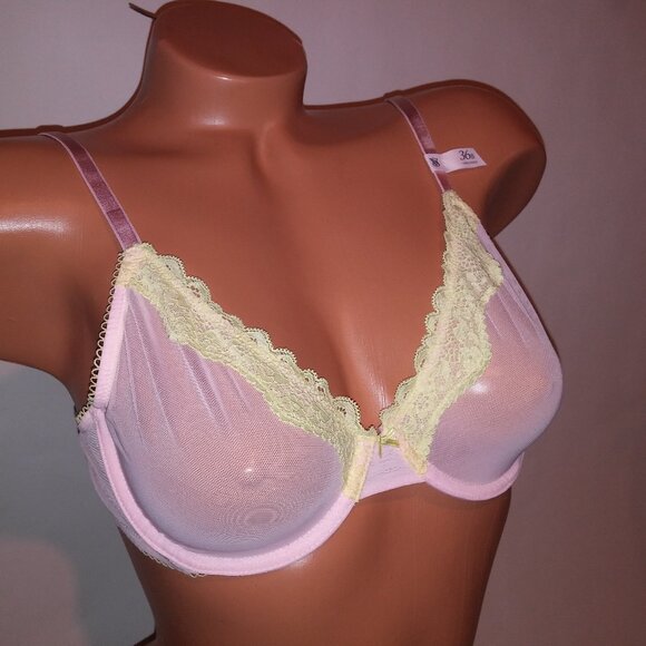 VS Tease Unlined Demi Bra 36B Pink Sheer Lace Trim NWT - Picture 2 of 9